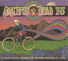 A skeleton dressed in old-fashioned clothes rides a bicycle on the grass. In the background are the Flatiron rock formations and the moon.