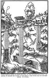 Woodcut of a mine with three shafts