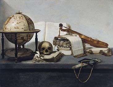 A painting showing, from left to right, a globe, skull, several books, some jewellry and a violin lain casually across a gray countertop