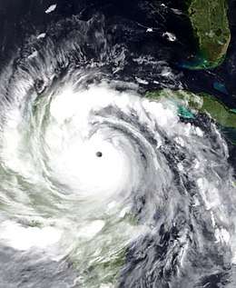 A view of Hurricane Dean from Space on August 20, 2007. Dean is a mature and well-developed hurricane, with a pronounced eye and well-defined banding features. The storm is located south of Cuba and east of the Yucatan Peninsula.