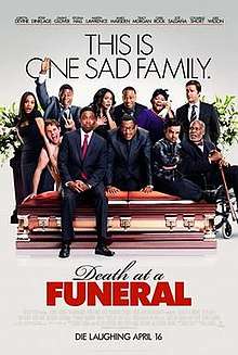 A group of 11 people are either sitting on or near a casket with "This is one sad family" above the people and "Death at a Funeral" below the casket.