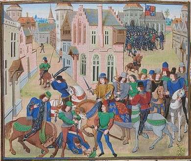 Picture from an illuminated manuscript showing a townscape with a group of horsemen, some wielding swords and one man driving a sword through the head of a prostrate man. In the background there is an army of armoured soldiers.