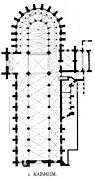 The architectural plan of a cruciform building, with short transepts and a curved apse.