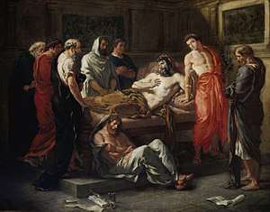 Marcus Aurelius depicted on his deathbed and his son Commodus, surrounded by his philosopher friends