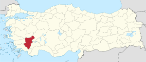 Denizli highlighted in red on a beige political map of Turkeym