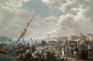 Painting shows crowds of people dressed in early 1800s clothing getting off horse-drawn carriages near the sea.