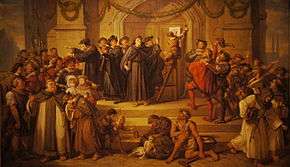 Painting of Martin Luther in monk's garb preaching and gesturing while a boy nails the Ninety-Five Theses to the door before a crowd