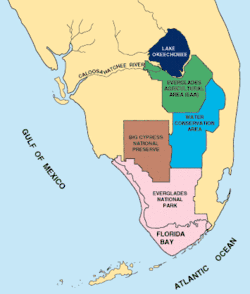 A color map of the lower third of the Florida peninsula showing Lake Okeechobee, compartments established by the Central & Southern Florida Flood Control Project, and Everglades National Park