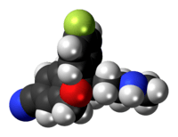 Space-filling model of the desmethylcitalopram molecule