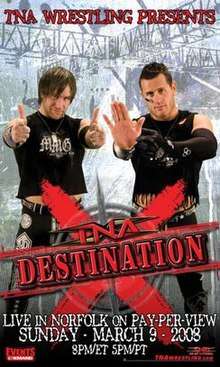 A poster featuring two men wearing black making hand gestures with a red logo saying "Destination X" at the bottom of the poster.