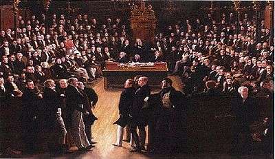 Picture commemorating the passing of the Reform Act in 1832. It depicts the first session of the new House of Commons on 5 February 1833