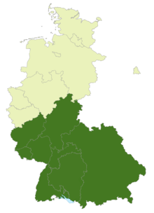 A map of Germany with the location of the 2. Bundesliga Süd highlighted