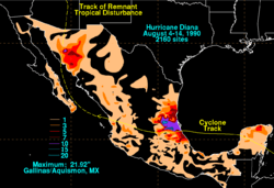A map depicting rainfall totals across Mexico from a Category 2 hurricane
