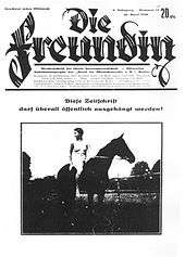 Reproduction of a German magazine cover with the title Die Freundin showing a nude woman sitting on a horse, looking behind her