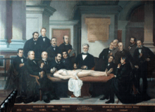 Painting of seventeen surgeons surrounding a man on an operating table