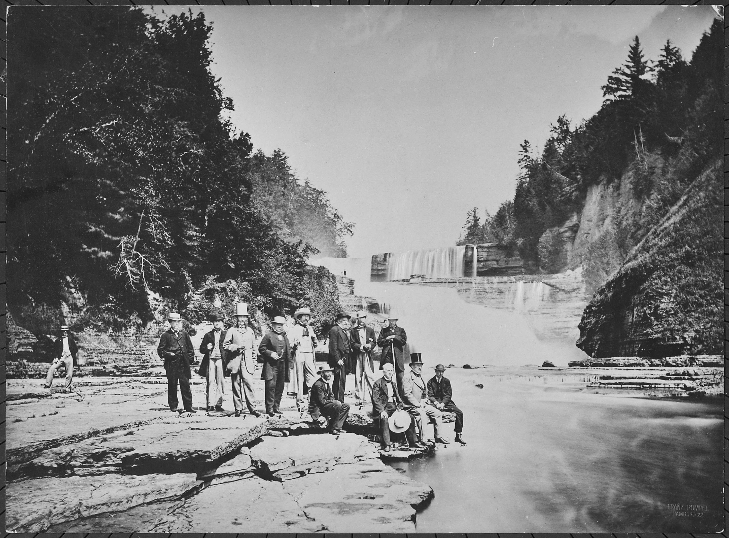 Diplomats at the foot of an unidentified waterfall, New York State, 08-1863 - NARA - 518056.jpg