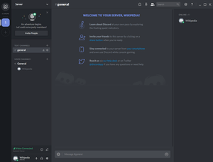 Screenshot depicting Discord's desktop client for Windows, viewing a freshly-created server on a freshly-created account.