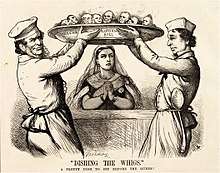 Disraeli and Derby, caricatured as chefs, set a dish before Queen Victoria. On the outside of the dish are the names of Conservative parliamentary bils; within are the faces of Liberal politicians