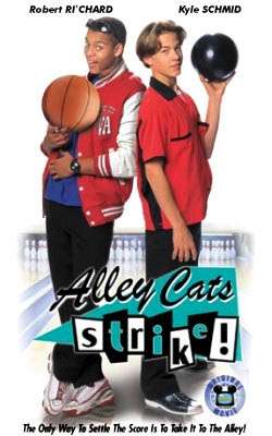 The boy to the left is holding a basketball while the boy to the right is holding a bowling ball. The words "Alley Cats Strike!" appears in front of their legs.