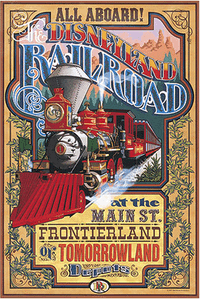 Ornate lettering surrounds a forward-facing train pulled by a steam locomotive in the foreground. Trees and mountains are in the background.