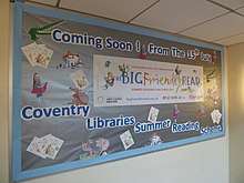 2015's Summer Reading Challenge (which was Roald Dahl-themed) is advertised at a local library in Coventry, England.