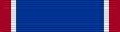 A multicolored military ribbon. From left to right the color pattern is: thin red stripe, thick blue stripe, thick white stripe, thin red stripe.