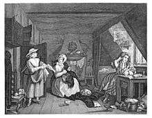 In a small scruffy garret, with a fireplace at the back of the room, a man sits at a desk underneath a roof window, quill in his hand, writing on a sheet of paper.  A woman sits in the centre of the room, repairing clothes.  Some of these clothes are on the floor, and a cat is sleeping on the pile they form.  Underneath the pile, partially concealed, is a copy of a journal.  The woman is looking at another woman who has entered the room to the left, who holds a list of items.  At her feet, a dog is stealing a piece of food from a plate on a chair.