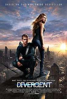 Lead characters Tris and Four stand above a futuristic Chicago.