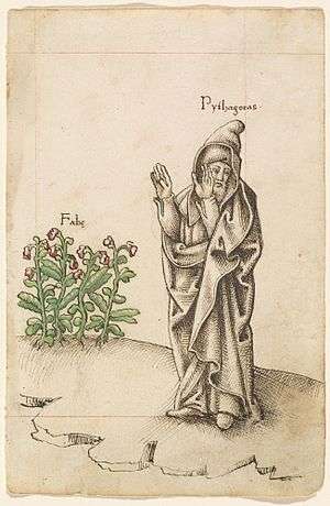 Old manuscript illustration showing a cloaked and hooded man labelled "Pythagoras" raising his arms and turning his face away from a bean plant, labelled "Fabe."