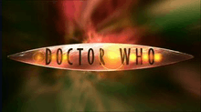 A geometrical symmetric lens shape with the words Doctor Who in all-caps flying through green and red wormhole effect.