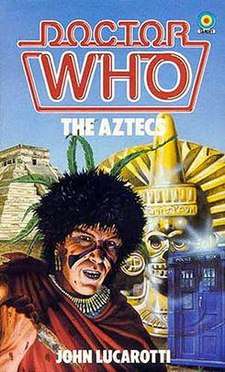 Book cover, featuring an Aztec in the foreground, and the TARDIS, a statue, and a pyramid in the background