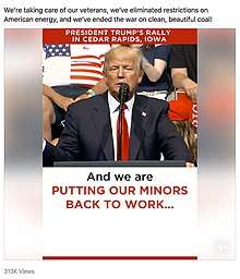 Trump at a rally. A video caption promises that "we are putting our minors back to work", misspelling "miner" (mine worker) as "minor" (underage person).