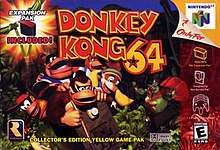 Five monkeys ride a minecart, pursued in the distance by a stocky reptile with a red cape. Atop, a red and yellow bubble typeface reads "Donkey Kong 64". Along the right sidebar, icons indicates that the game is an exclusive for the Nintendo 64 for up to four players and compatible with the Expansion and Rumble Pak accessories. In the top left corner is an Expansion Pak icon in front of an explosion icon: "Expansion Pak included!" The Rare logo is in the bottom left corner, and next to it, the text, "Collector's edition yellow game pak".