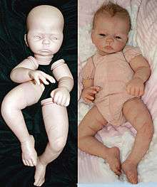 Before and after image of a doll sculpted out of clay, reproduced into a vinyl kit and reborned