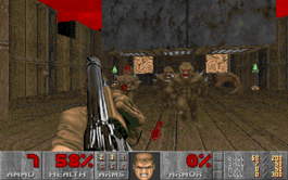 The player is cocking their shotgun after downing one monster while others approach. A man's face is grinning in the bottom strip showing the player's stats.