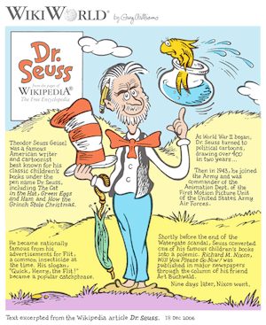 A cartoon shows a bearded man with a red bow tie holding numerous items. He holds the hat from Dr. Seuss's "The Cat in the Hat" and balances a fishbowl on his left index finger.