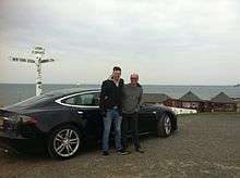  Dr Jeff Allan and his son Ben Cottam-Allan having completed their journey from Lands End to John o' Groats set off for the return journey in their Tesla electric car.
