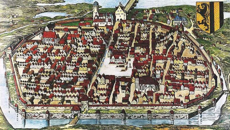 Dresden in 1521 (detail): The earlier church is shown outside the city walls (left of the coat of arms).