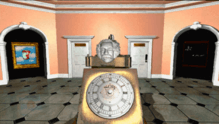 There is a pedestal in the center of a room with a sculpture of Albert Einstein's head on it, facing forward. On the front of the pedestal is a clock-like panel with a large button labeled "NOW" in its center. In the background, there are an image of a partially eaten apple to the left, two white doors in the center, and a chalkboard to the right.