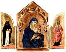 Small altarpiece with folding wings. Background of shining gold. Centre, the Virgin Mary in dark blue, holds the Christ Child. There is a standing saint in each side panel. The colours are rich and luminous, the figures are elongated and stylised.