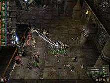 An overhead view of eight characters fighting with robots with UI elements overlaid