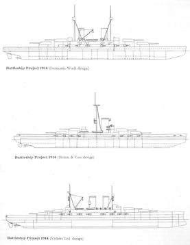 Three line drawings of a battleship: the first and third have two funnels and two masts, while the second has just one funnel and one mast; all feature four main turrets and casemated guns