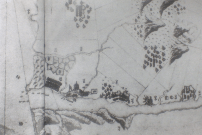 The ancient map drawn by the Dutch in 1654, the sharp-top fortress within it is the Fort San Antonio