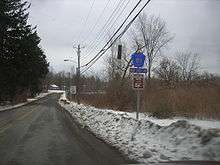 A rural, narrow two-lane highway passes through an area composed of trees, fields, and small brush. There is a snow berm at the side, and a pentagonal orange-on-blue sign with the number 81 at right.