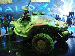 An image of the Warthog prop used in Forward Unto Dawn, a four-wheel-drive, off-road vehicle with a mounted minigun.