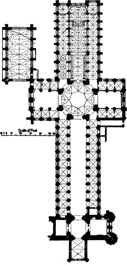 Ground plan of Ely Cathedral, showing the location of various architectural elements discussed in the text