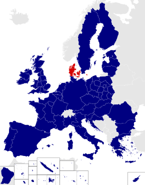 Map of the 2014 European Parliament constituencies with Denmark highlighted in red