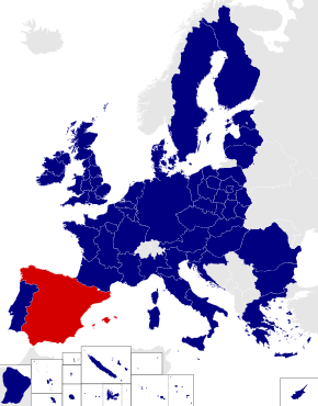 Map of the 2014 European Parliament constituencies with Spain highlighted in red