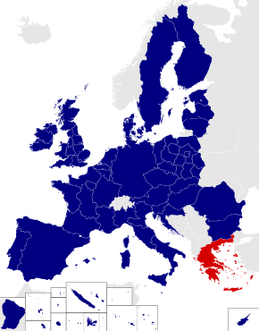 Map of the 2014 European Parliament constituencies with Greece highlighted in red
