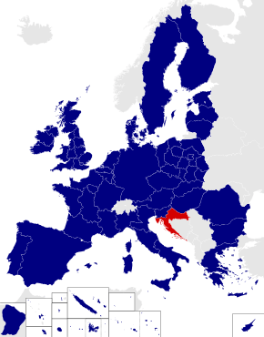 Map of the 2014 European Parliament constituencies with Croatia highlighted in red